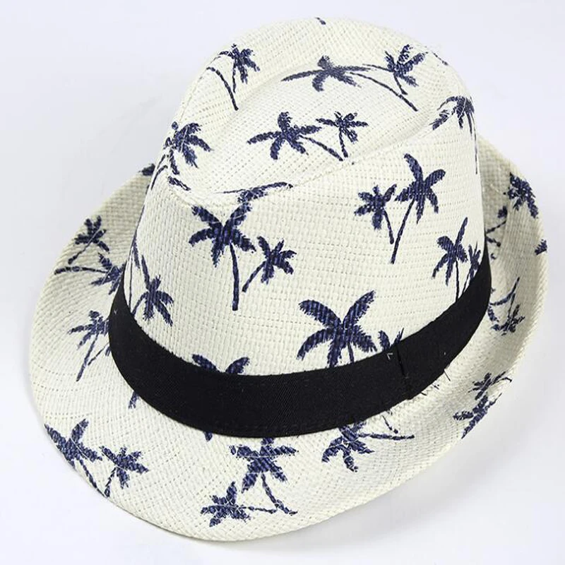 Unisex Summer Panama Straw Beach Caps Breathable Coconut Trees Print Vacation Sunshade Fedora Hat Short Brim Sports Sun Caps6