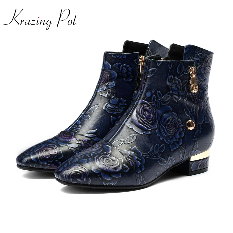 

Krazing Pot cow leather round toe gorgeous low heels printed flowers leather lace up big size career lady luxury ankle boots L77