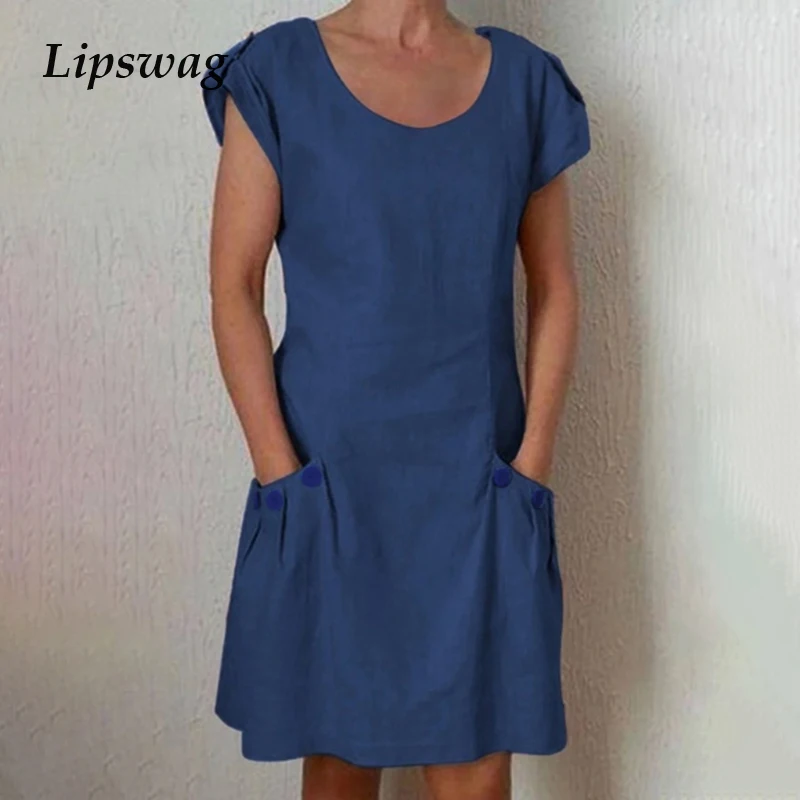 

Lipswag 5XL Women Short Sleeve Pocket Dresses 2019 Summer Casual O Neck Solid Color Dress Fashion Plus Size Party Dress Vestidos