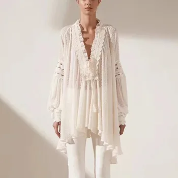 

Sexy Cold Shoulder Women's Lace Blouse Top White Long Lantern Sleeve Shirts Ladies Summer Party Blouses Tops Woman V-Neck