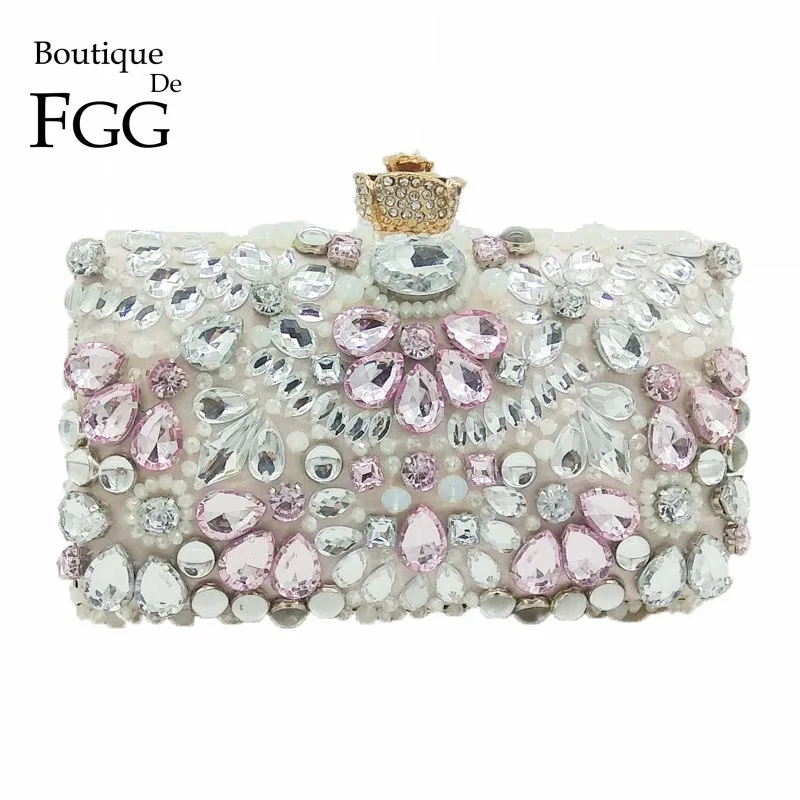 Boutique De FGG Clear & Pink Crystal Rhinestones Women Evening Bags Wedding Dress Bridal Beaded Handbag Purse Flower Prom Clutch