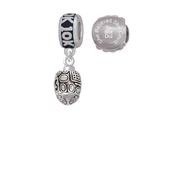 Silvertone Fancy Geometric Pattern Spinner 10K Run She Believed She Could Charm Beads (Set of 2)