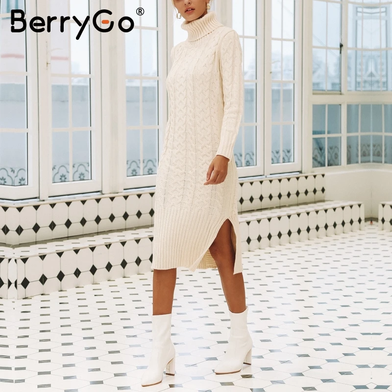 Платье свитер с высоким воротом BerryGo длинное белое трикотажное зимнее платье 2018
