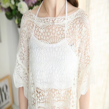 

Summer new thin short - sleeved one word neck size hollowed-out knitted sweater