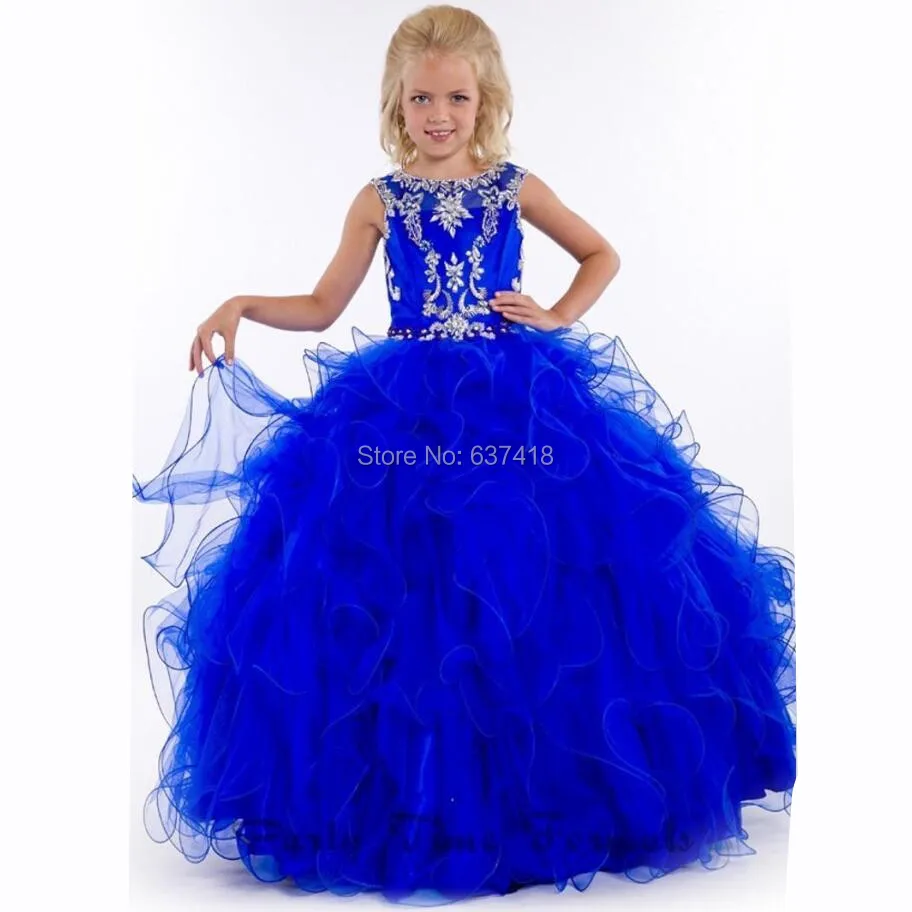 

Junior Little Girl Pageant Gowns Royal Blue Flower Girl Dress Girls Pageant Dresses with Crystals and Sequins Child Prom Evening