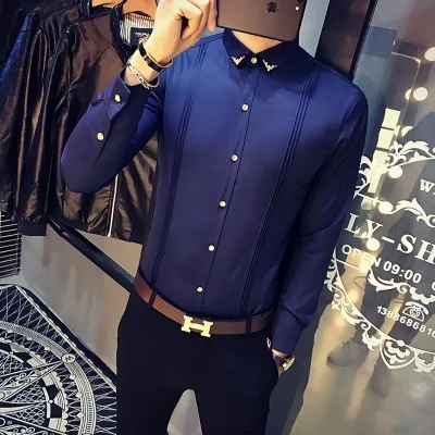 Camisa Masculina осенью мужской смокинг рубашки с длинным рукавом Slim Fit Бизнес Повседневная рубашка Для мужчин модные однотонные вечерние рубашки Для мужчин - Цвет: Dark Blue