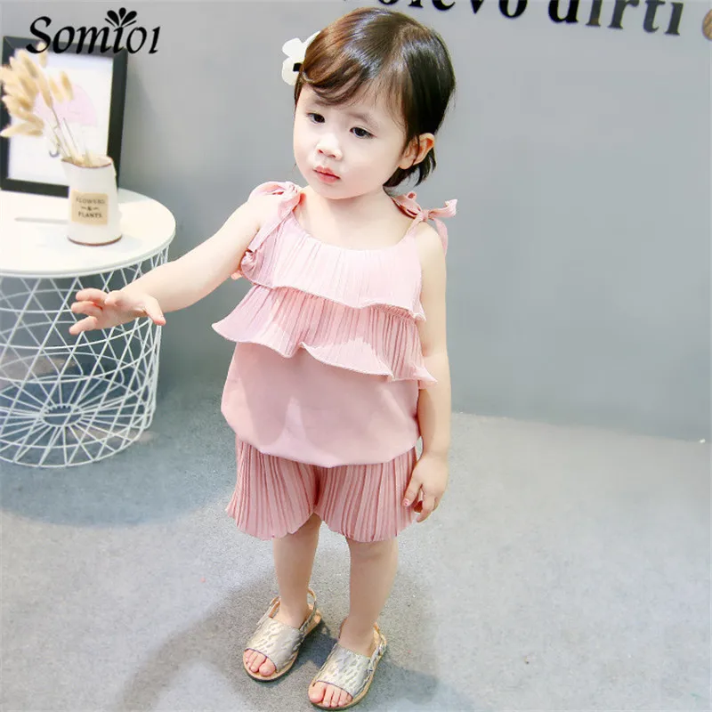 Baby Girl Clothes Summer Solid Chiffon Crumpled Girls Clothing Sets