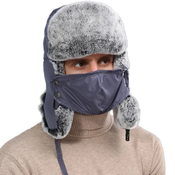 

Men Real Rex Rabbit Bomber Hats Unisex Winter Warm Ushanka Caps With Face Mask Russian Trapper Thermal Hat Earflap Snow Ski Cap