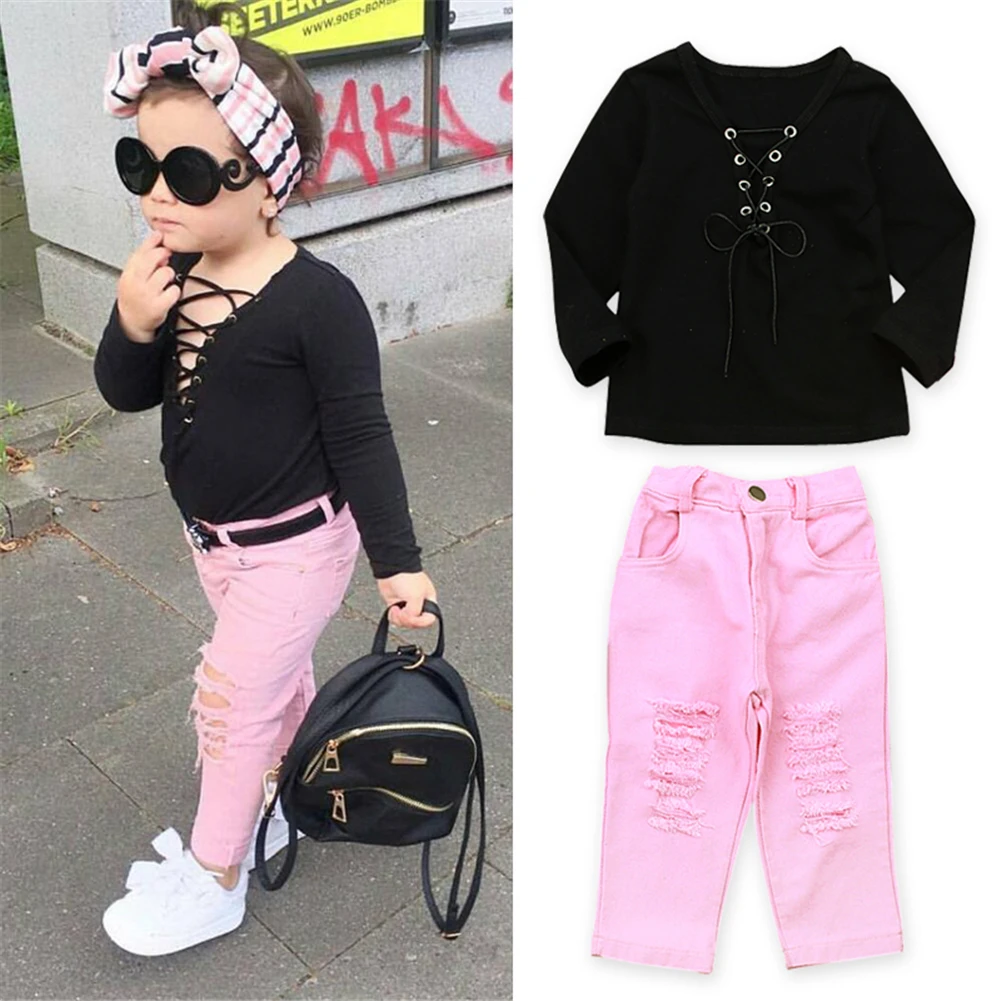 

Pudcoco 2017 Toddler Kids Girls Sexy Bandage Tops Black Ripped Jeans Fashion Pink Hole Pants 2pcs Clothes Outfit Set 1-5Y new