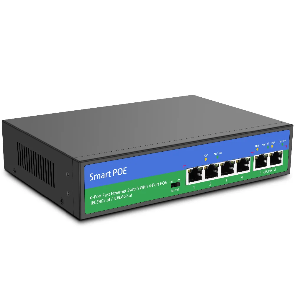 

YiiSPO 10/100Mbps POE switch 4+2port standard POE swtich 96W IEEE802.3AT/IEEE802.3AF 48V output for cctv POE ip camera