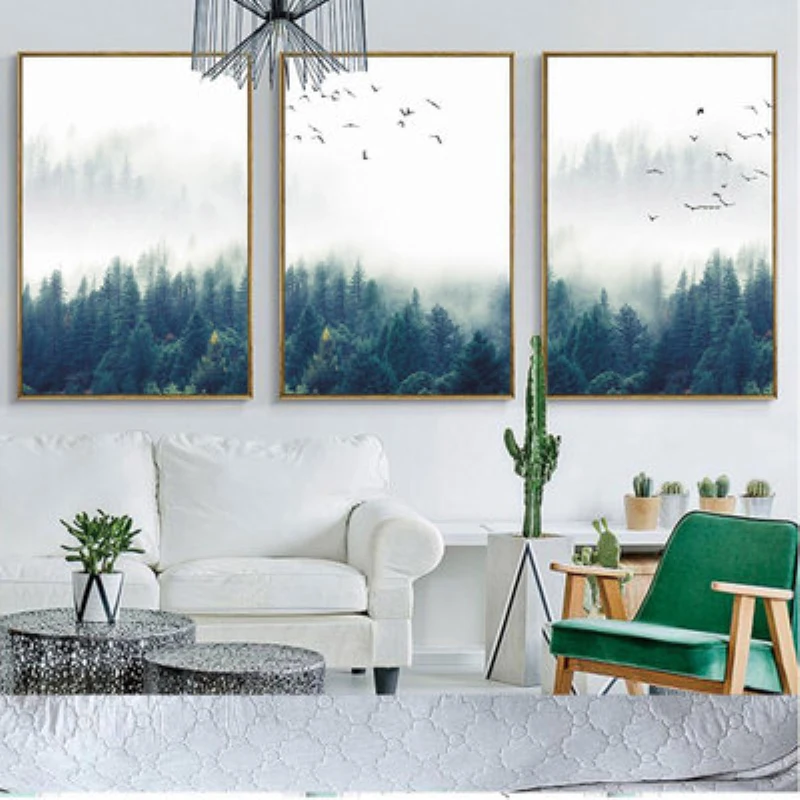 

3 Piece Nordic Pastoral Fog Forest Birds Landscape Wall Art Canvas Painting Poster Picture Living Room Home Office Decor