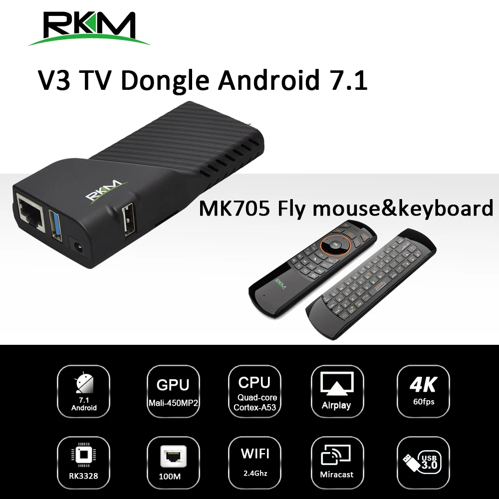 

Android 7.1 TV BOX RK3328 Rockchip 2GB 16GB 2.4G WIFI 100M---Media player & fly mouse RKM V3 +MK705