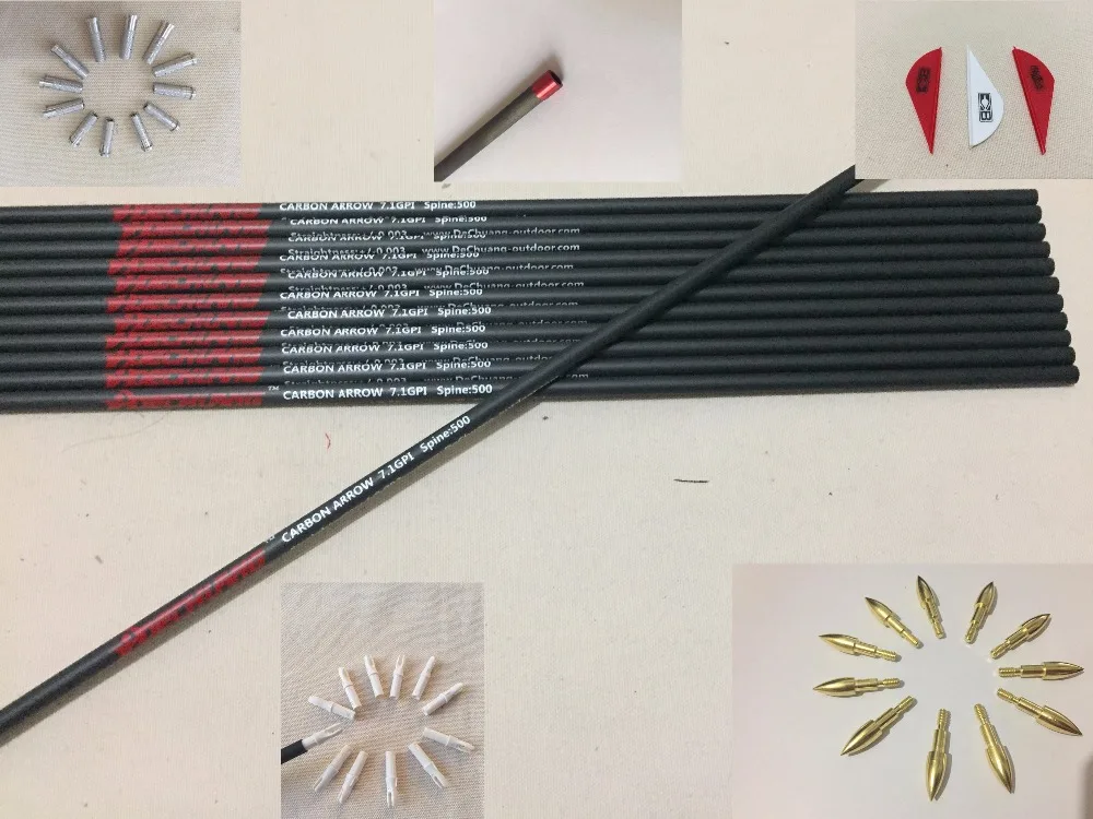 

12pcs 100% Pure Carbon arrow shaft +arrow insert +arrow nock +blazer arrow vane + arrowhead point Explosion-proof ring archery