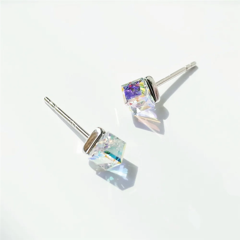 colorful block cry-stal earrings 100% 925 Sterling silver Jewelry fashion Hypoallergenic Stud earrings for women girl gift