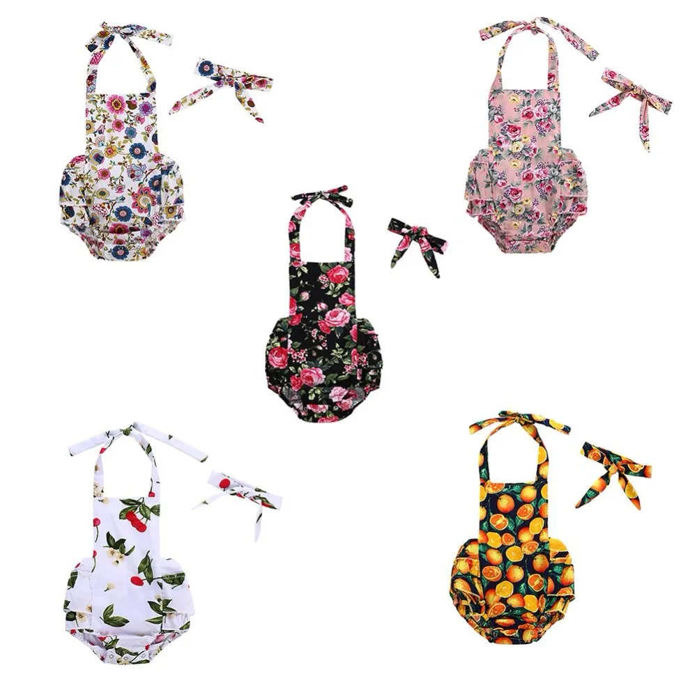 

Baby Bodysuits Cotton Summer Printed Strap Sleeveless Girls Casual Clothing Jumpsuits with Headband