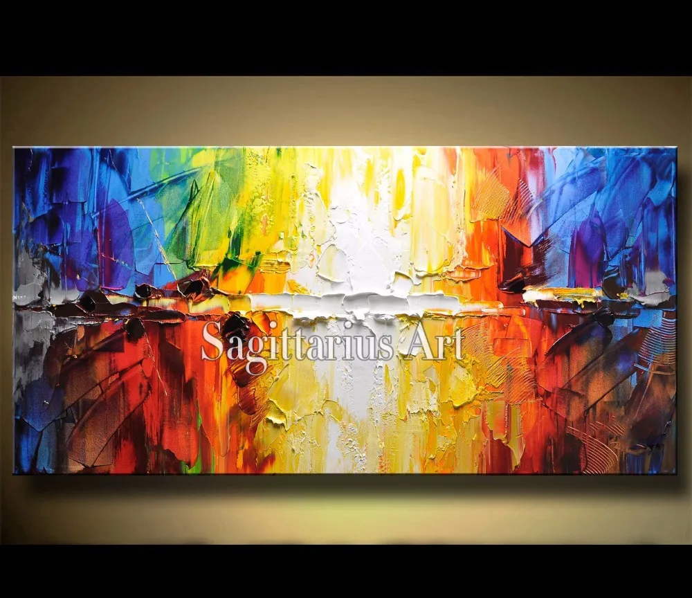 

Hand Painted Landscape Abstract Palette Thick Knife Yellow red and blue Oil Painting Canvas Decoration Home Wall Living Room Art