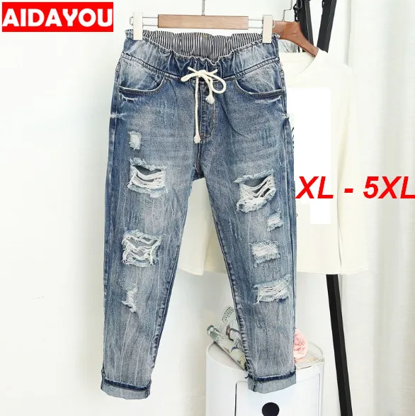 Плюс размер рваные джинсы 5XL для женщин Джинсы бойфренда Модные свободные джинсовые свободные брюки синий серый ouc519