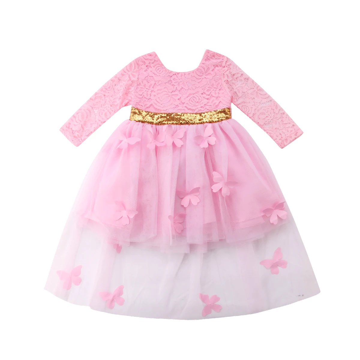 

Princess Toddler Kids Baby Girl Long Sleeve Lace Floral Sequins Bowknot Formal Pageant Party Dress Clothes