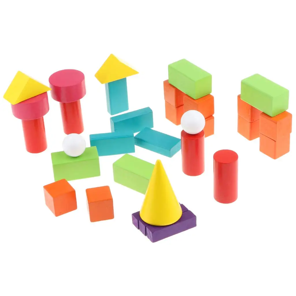 32pcs 3D Wooden Geometric Building Blocks Math Material Color Shape