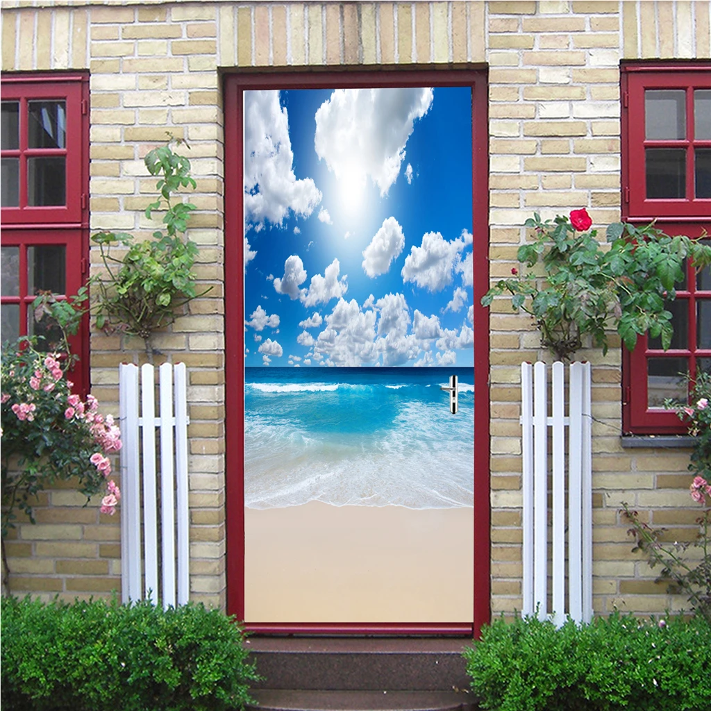 3D Photo Door Murals Sea Side Scenery Wall Sticker Mural Removable Self-Adhesive Fridge Decor Decal 77x200cm