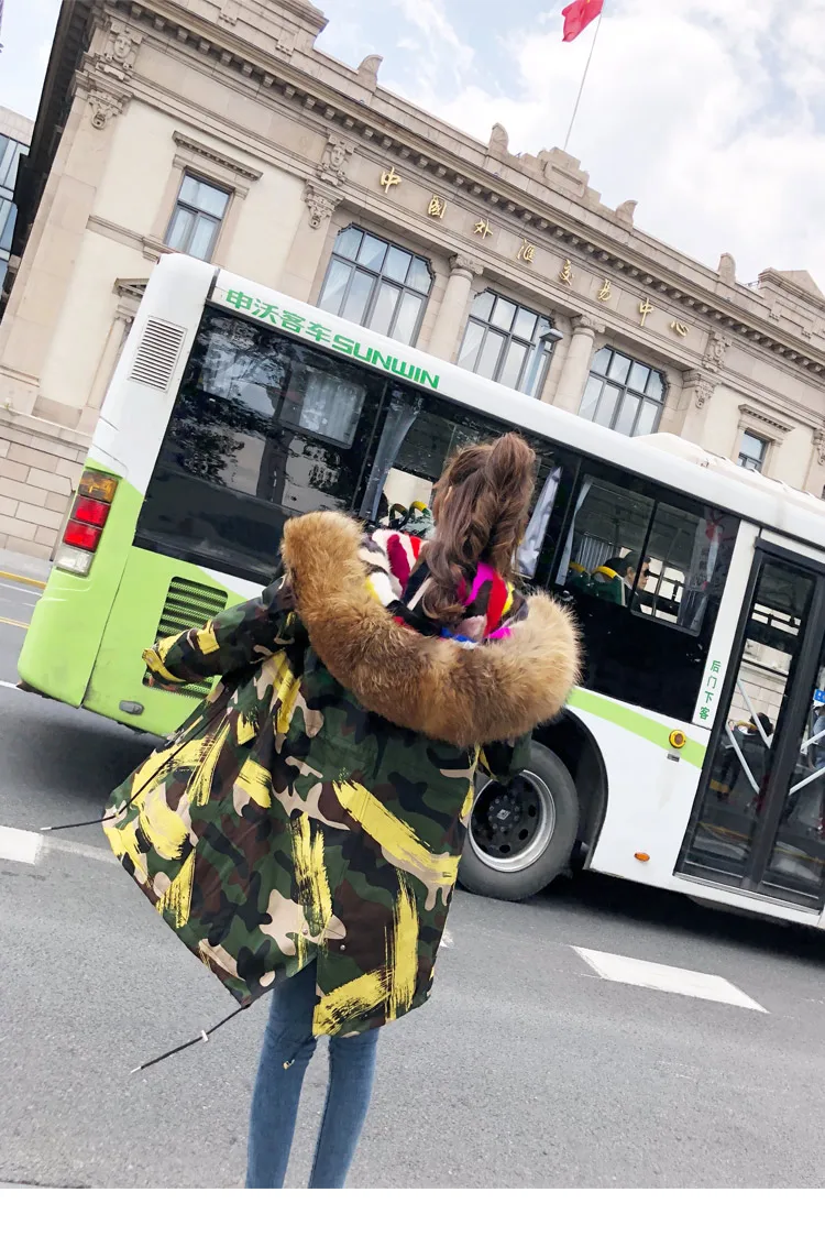 Женское пальто с абстрактным принтом, парка с подкладкой из натурального меха, Женское пальто, большой мех енота, новинка, разноцветная куртка для щуки