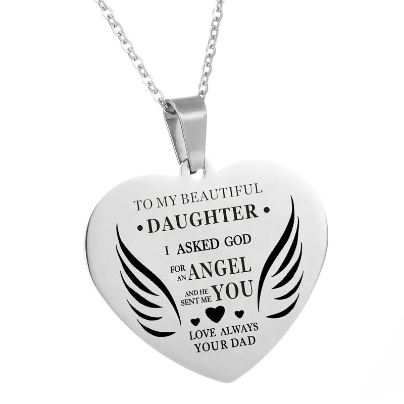 AMORUI To My Beautiful Daughter Heart Pendant Necklace Dad's Angel Wing Love Charm Choker Chain Necklaces for Baby Girls Jewelry