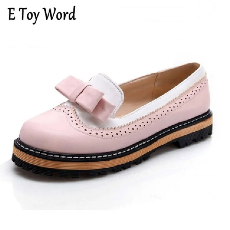 

Free shipping Bowtie Low Heels Women Shoes Platform Brogue Shoes Woman Sweet Patchwork Oxfords Slip On Spring Shoes