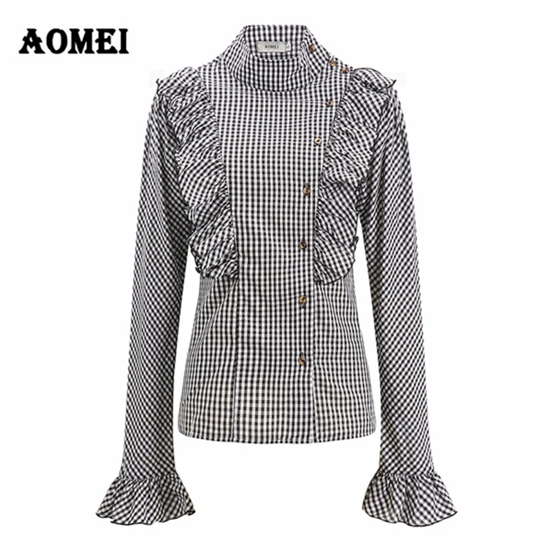 Блузка в клетку стиле ретро|shirt with ruffles|gingham shirtplaid blouse |