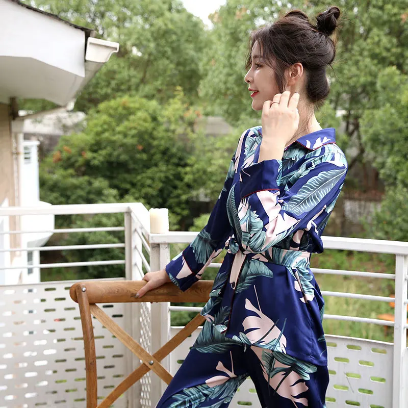 Queenral 2 PCS Silk Satin Women Pajama Set Sleepwear Long Sleeve Trousers Lingerie Homewear Pijamas For Woman Home Suit Printing14