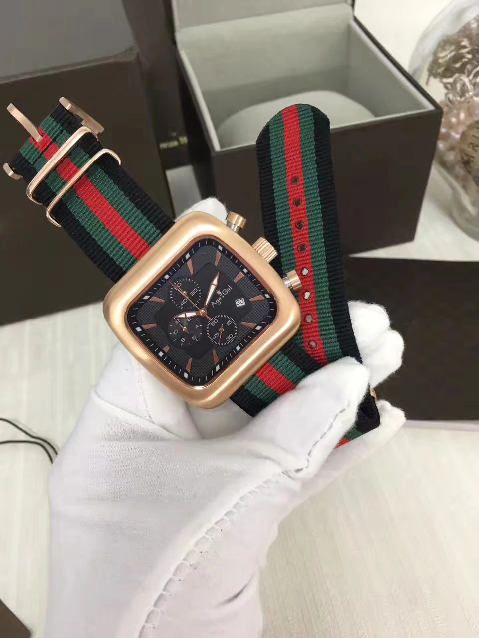 

Luxury Brand New Men Watches Coupe Quartz Chronograph Green Black Stripe Nylon Leather Gents Sapphire Limited Gold Silver Watch