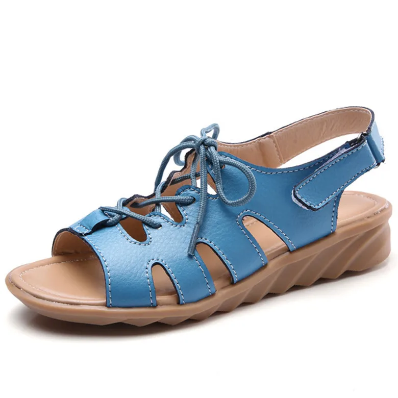CEYANEAO/женские сандалии-гладиаторы; обувь из натуральной кожи на шнуровке; плоские босоножки на высоком каблуке; женская повседневная Летняя обувь; женские пляжные сандалии - Цвет: Синий