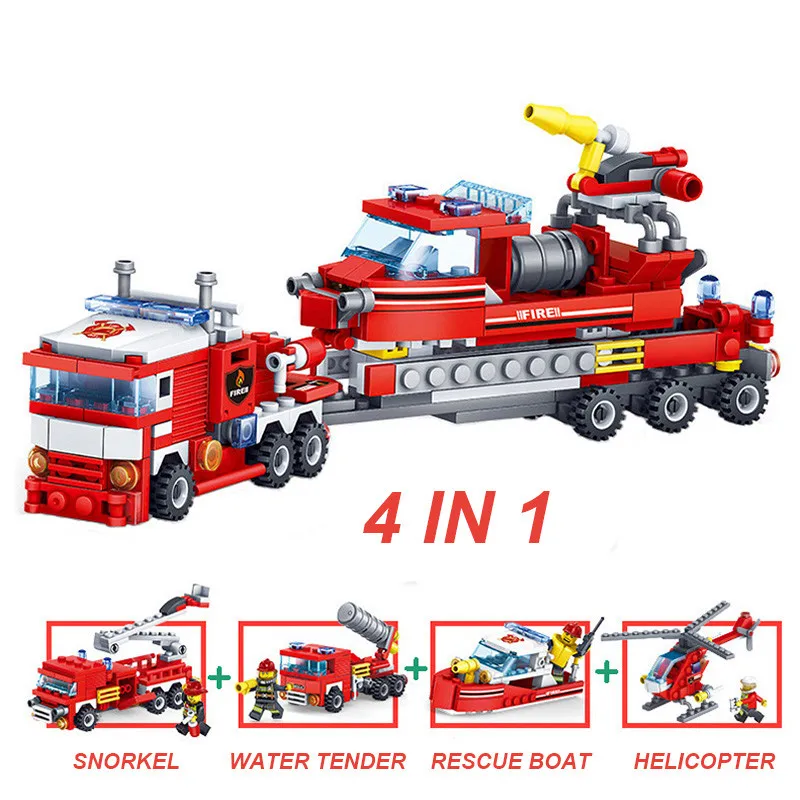 KAZI-80512-City-Fire-Fighting-Car-Helicopter-Boat-Building-Blocks-LegoINGlys-Fire-Fighter-Bricks-Lepin-Technic (1) - 
