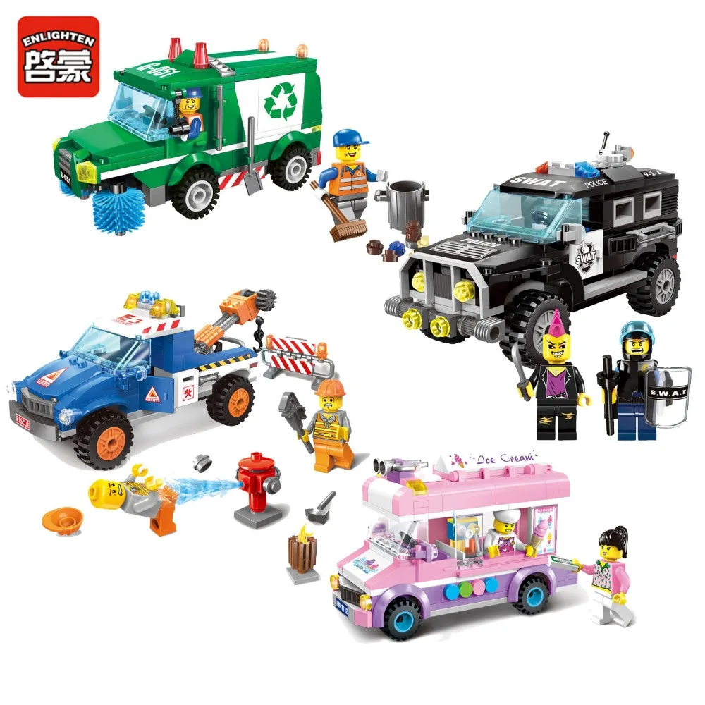 

Enlighten Building Block City Town Cars Road Wrecker SWAT SUV Garbage Truck Ice Cream Car MOC Educational Brick - No Retail Box