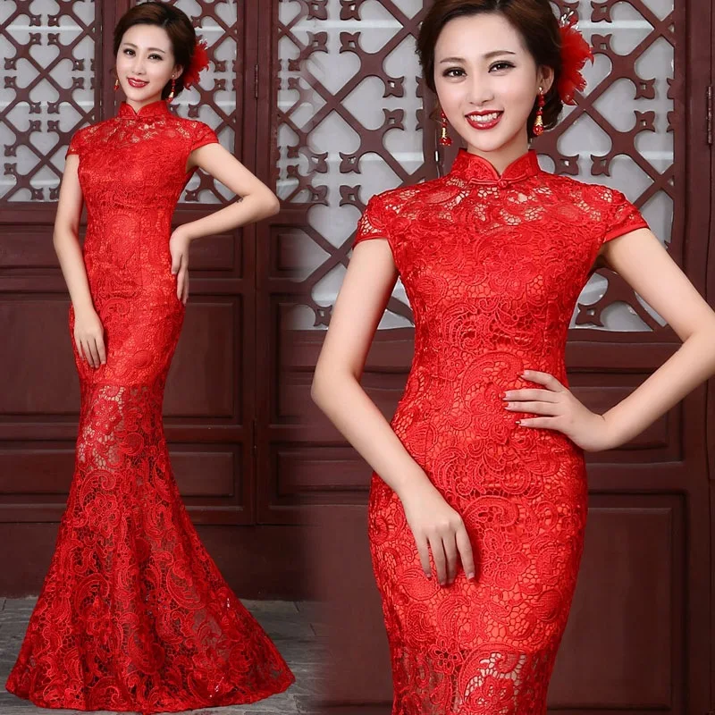 Мода 2016 года красный Кружево Cheongsam Платья для женщин Китайская традиционная свадебное платье Русалка вечернее платье Qipao бесплатная