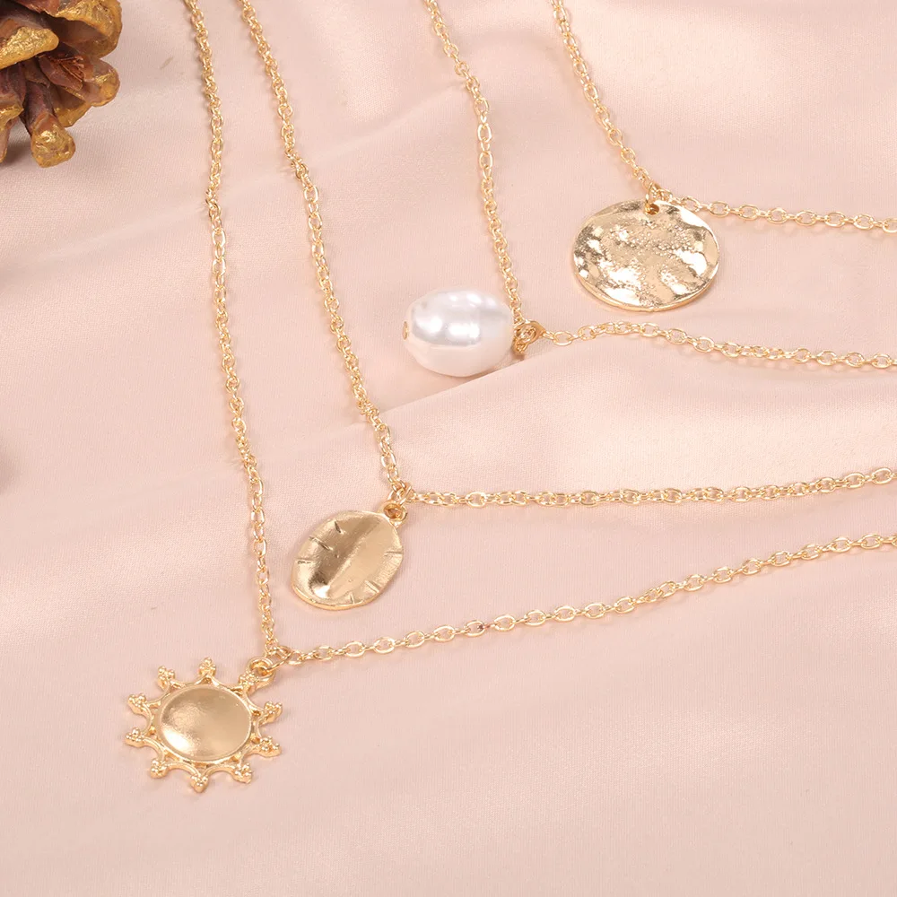 Модное ожерелье круглый жемчуг солнце неправильный кулон многослойное золотое ожерелье индивидуальность леди день рождения ювелирные изделия