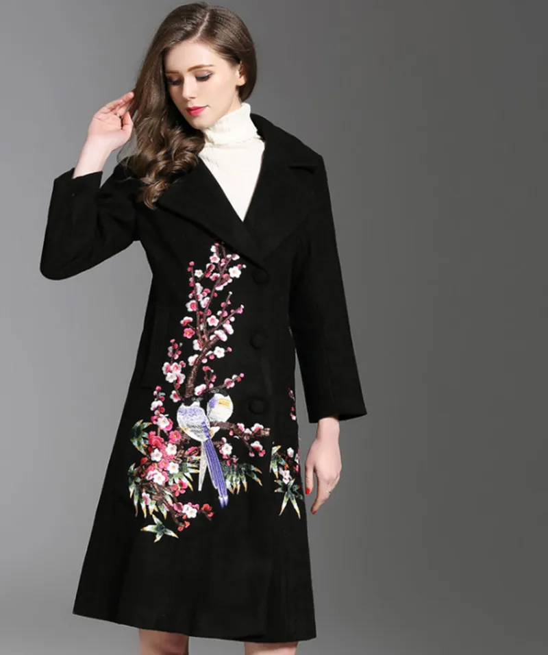 New Flower Printed Trench Coat for Women Plum blossom Jacquard Floral Thick Wool Overcoat Plus Size Long Embroidered Outerwear Coats