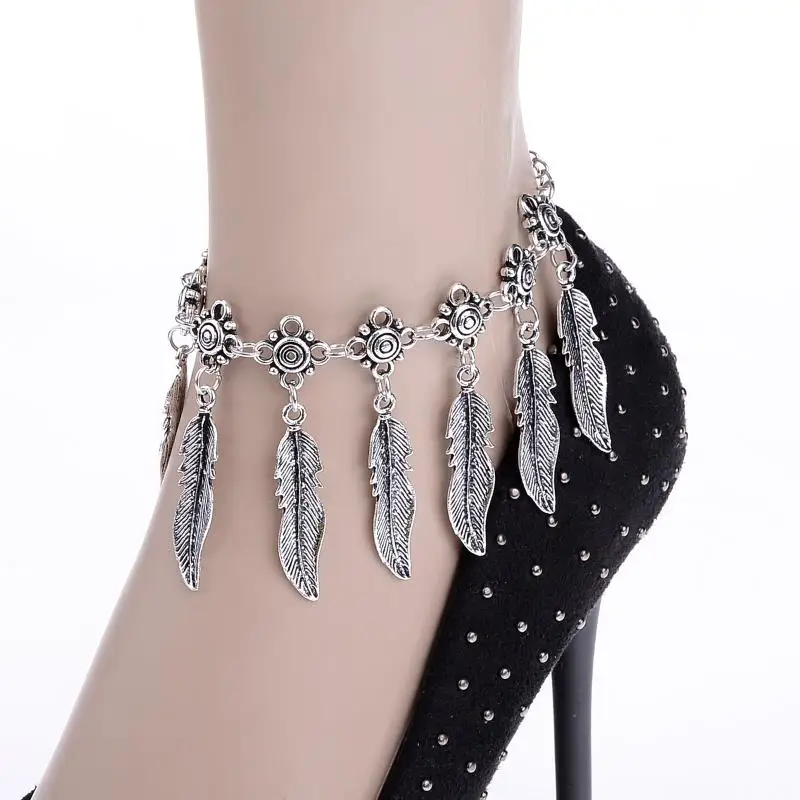 

PINKSEE Ethnic Women Silver Color Anklet Feather Pendant Ankle Foot Charm Bracelet Vintage Jewelry Summer Style