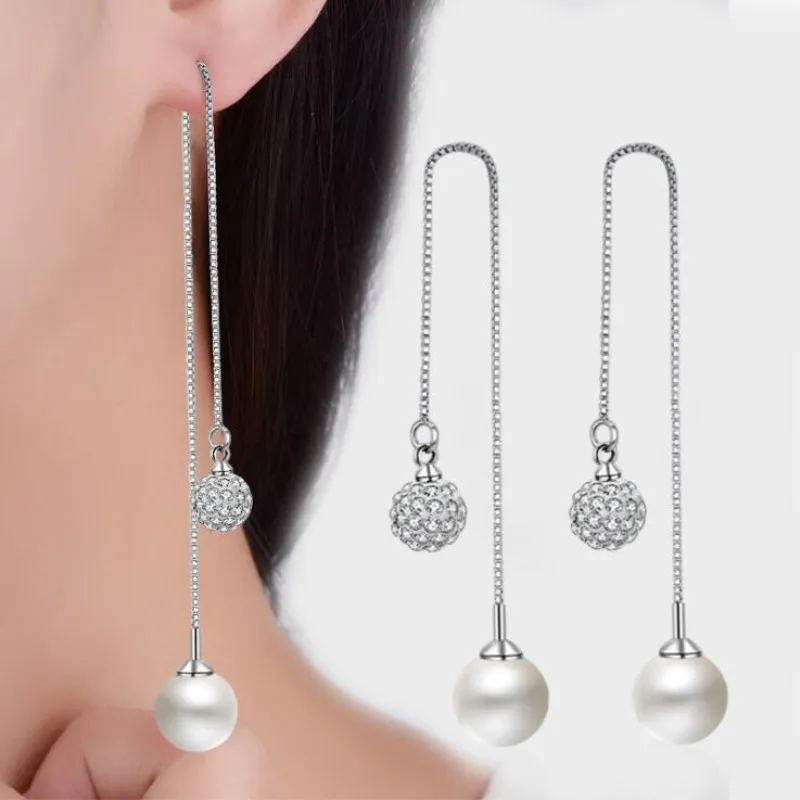 

High-quality Beautiful Korean 925 Sterling Silver Jewelry Personality Sambhar Crystal And Pearl Balls Dangle Earrings SE336