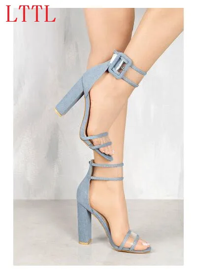 ФОТО Chuassure female high heel sandals 11 cm height heels open toe chunky heel perspex details ankle strap blue denim snakeskin