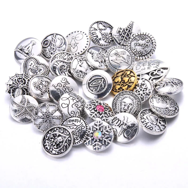 

New Silver 10pcs/lot mixed style Random buttons 12mm 18mm Snap Jewelry Rhinestone Snaps Buttons for Snap Bracelets Necklaces