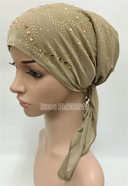 Полный Чехол, стразы, внутренняя мусульманская хлопковая хиджаб, шапка, исламский головной убор, головной убор, подшарф, цвета - Цвет: Khaki