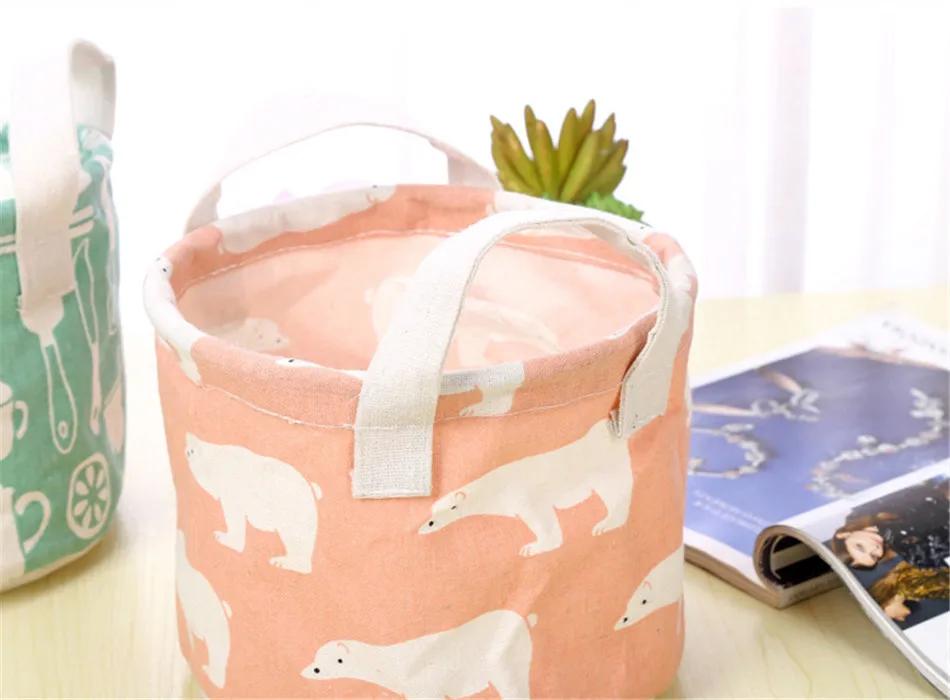 Cute Printing Cotton Linen Desktop Round Storage Organizer Sundries Box Cabinet Underwear Jewelry Cosmetic Stationery Basket (12)