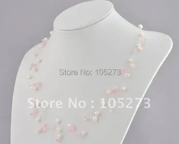 

Pearl Jewelry AA 4-10MM White Genuine Freshwater Pearl & pink Macadam Necklace 17'-20inch Fashion Jewelry New Free Shipping