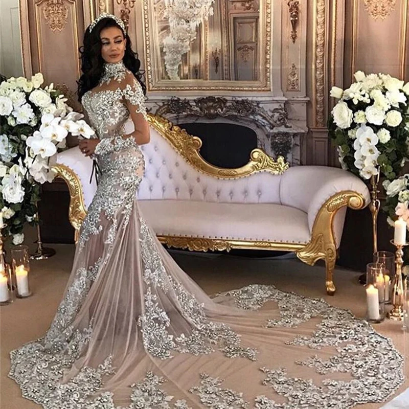 Arabia Vogue Свадебные платья Русалка с длинными рукавами Свадебные платья брендовый дизайн из бисера Кристаллы серебряное свадебное платье длинный хвост сексуальное