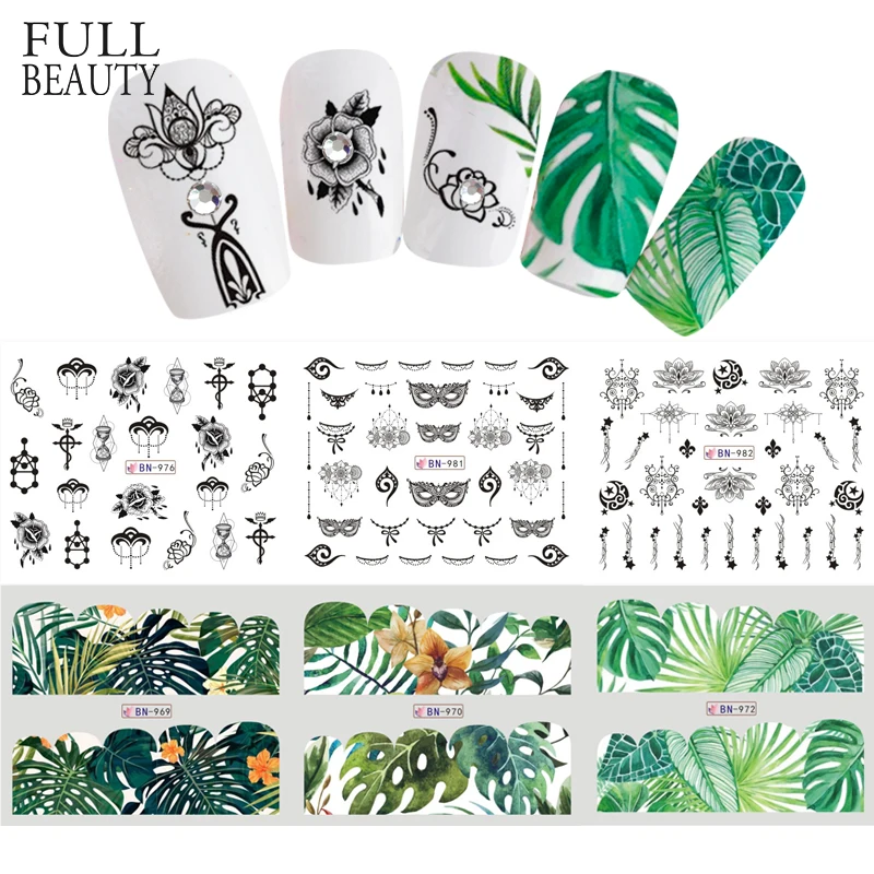 

1pcs Black Feather Flower Nail Decal Water Transfer Sticker Green Leaf Jewelry Lace Summer Slider Nail Foil Manicure CHBN969-978