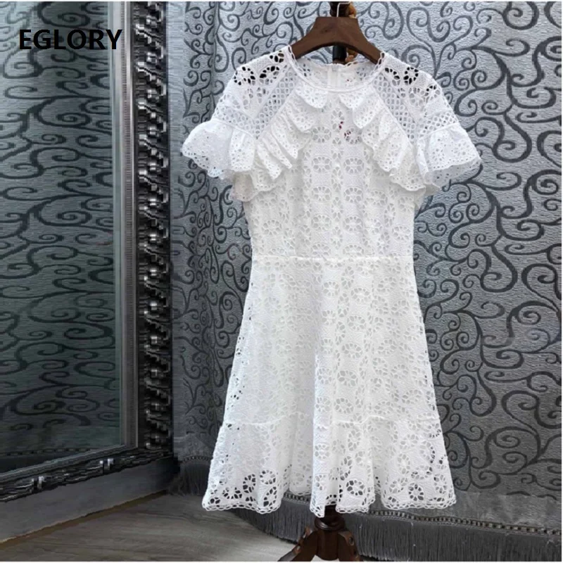 

Hollow Out Dress 2019 Spring Summer Style Women Allover Exquisite Embroidery Short Sleeve Slim Fitted a-line Party Short Dress