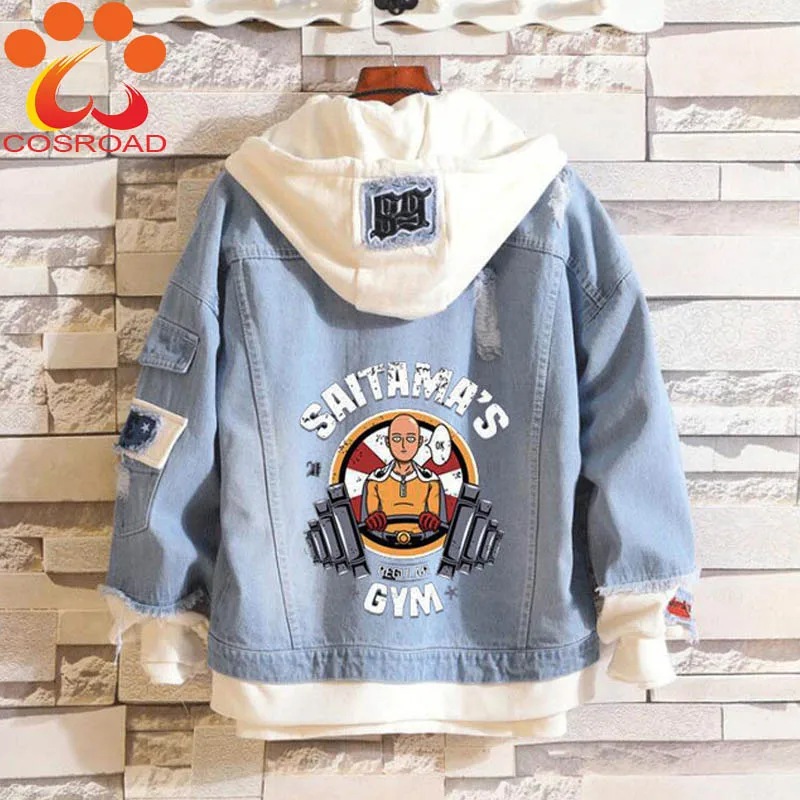 Cosroad One Punch Man Denim Jacket Saitama Cosplay Jeans Coat Men Women Hooded Denim Zipper Hip hop Coat Costumes