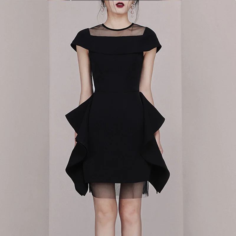 Max Spri, новинка, модное сексуальное Сетчатое платье с круглым вырезом, короткими рукавами и оборками, а-силуэт, женские вечерние платья, маленькое черное мини-платье