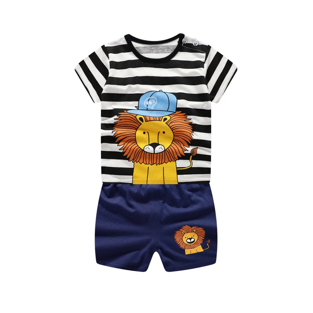 Футболка с короткими рукавами в полоску с рисунком льва для маленьких мальчиков+ комплект шорт с принтом льва хлопковая одежда с героями мультфильмов
