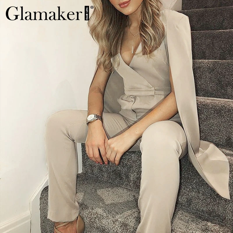 Женский комбинезон Glamaker белый Облегающий с глубоким треугольным вырезом и